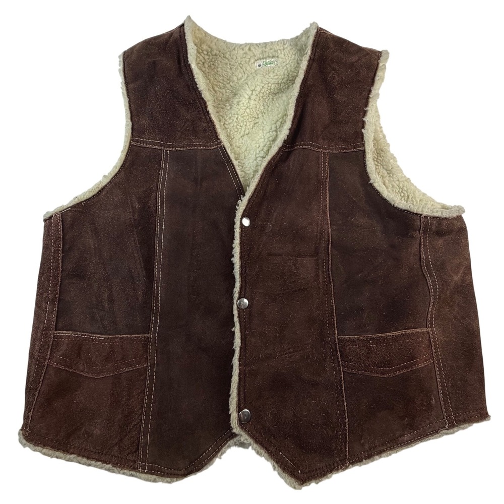 Vintage Brown Suede Leather Western Vest Faux Shearling Lined Snap Front Large
